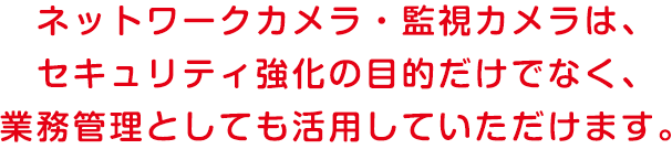 ネットワークカメラ・監視カメラは、セキュリティ強化の目的だけでなく、業務管理としても活用していただけます。